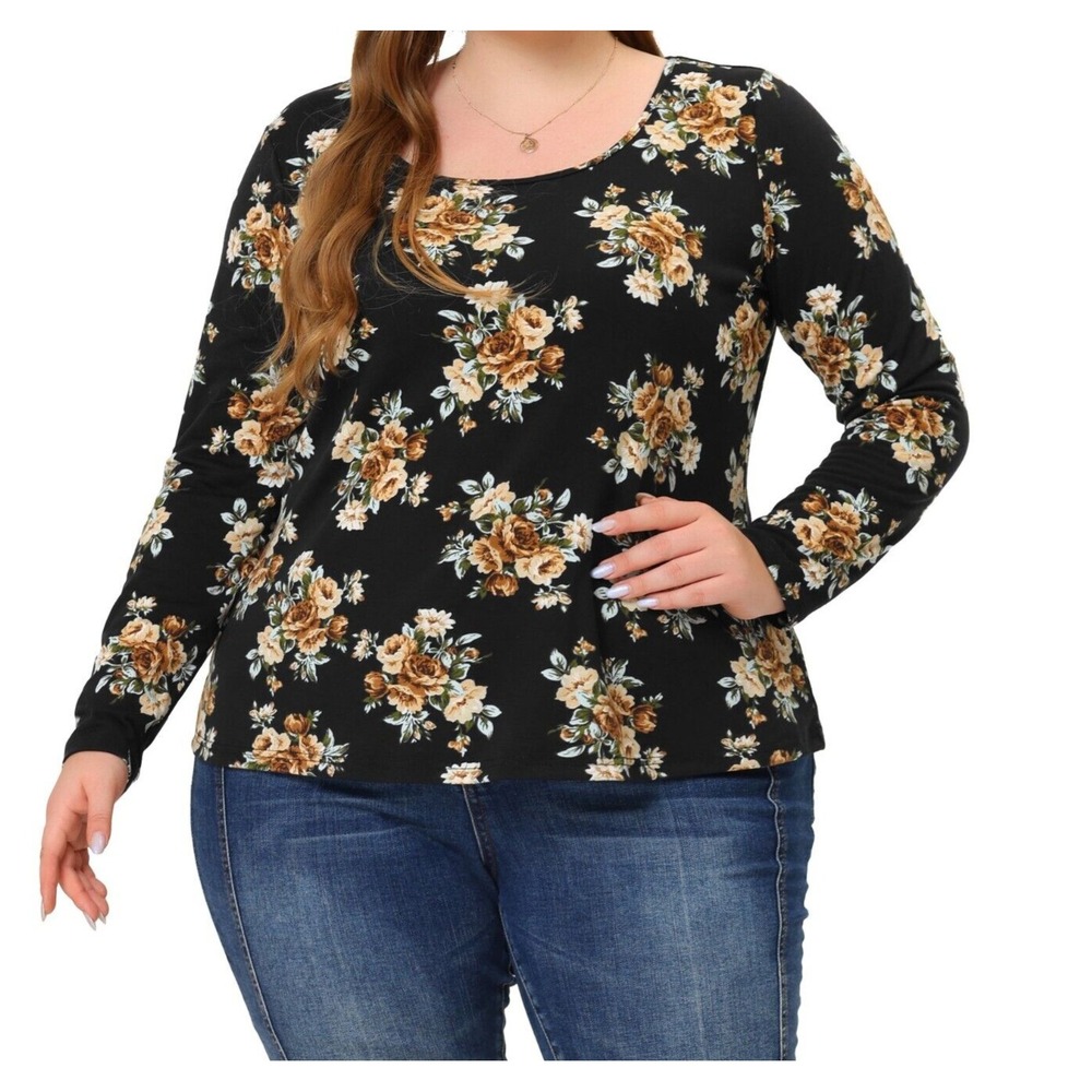 Agnes Orinda Womens Plus 4X Floral Print Long Sleeve Scoop Neck Blouse Black